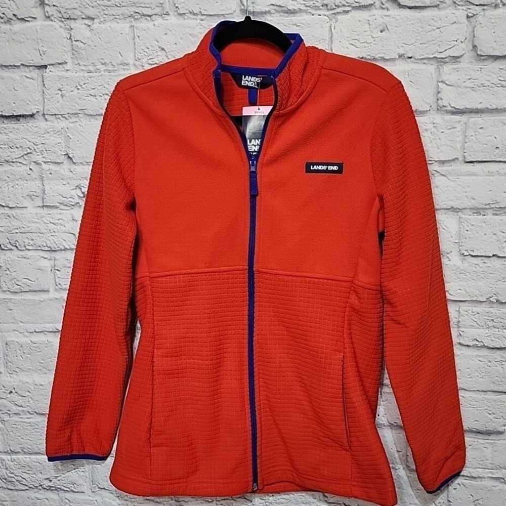 Lands End Womens Red Grid Fleece Full Zip Jacket Mock Neck Small New‎ With Tags
